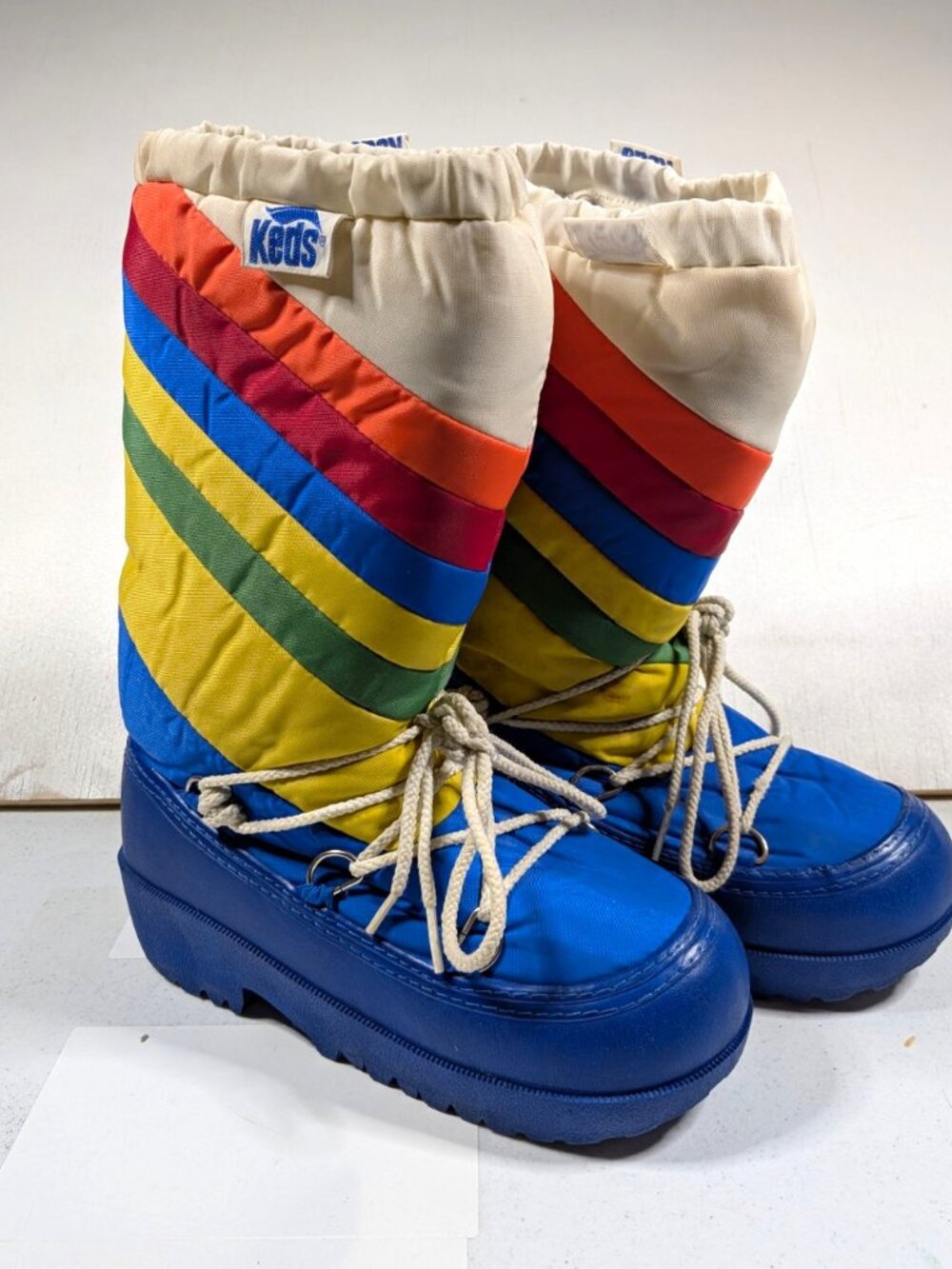 Vintage 80s Keds Rainbow Moon Boots Snow Boots Youth 3-4 Womens 5-6 Blue Striped